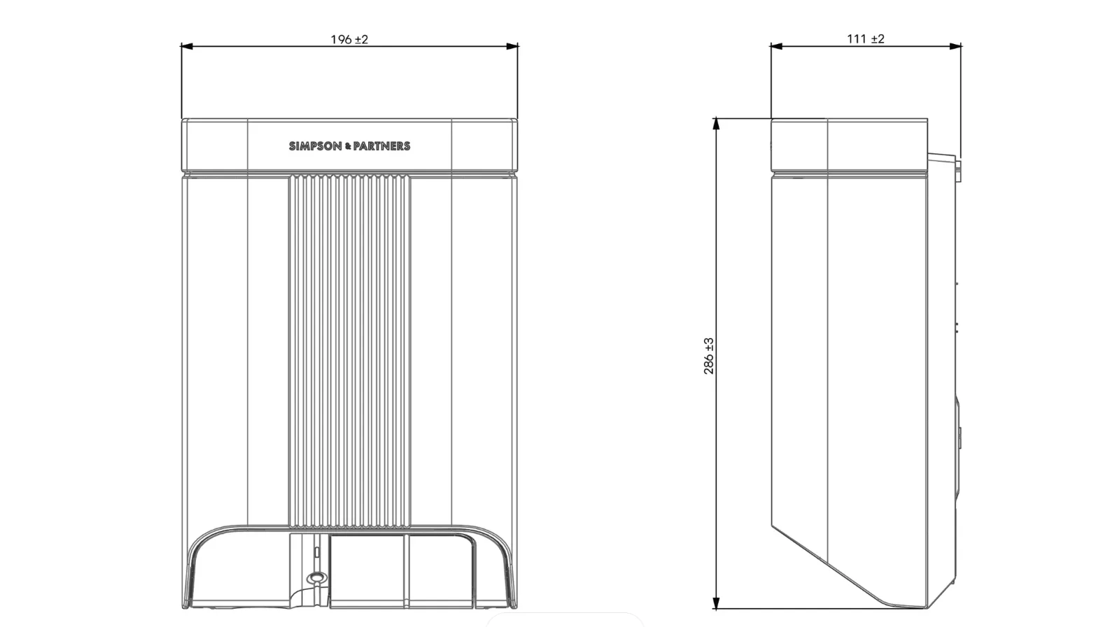 Wallbox front and side view technical drawing with measurements